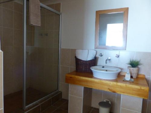 a bathroom with a sink and a shower at Tayside Guest House in Kiddʼs Beach