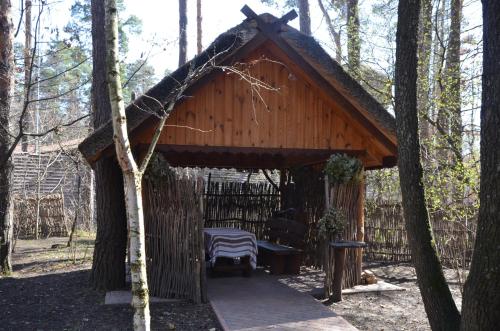 a cabin in the woods with a table and a chair at Chumatskiy Shlyah in Romankiv