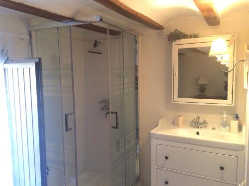 a bathroom with a shower and a sink at La Casita del Castillo in Mora de Rubielos