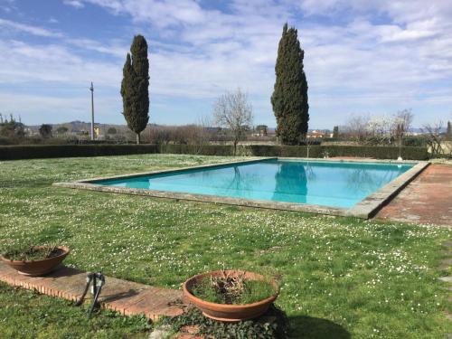a swimming pool in a yard with two trees at Villa Il Padule in Bagno a Ripoli