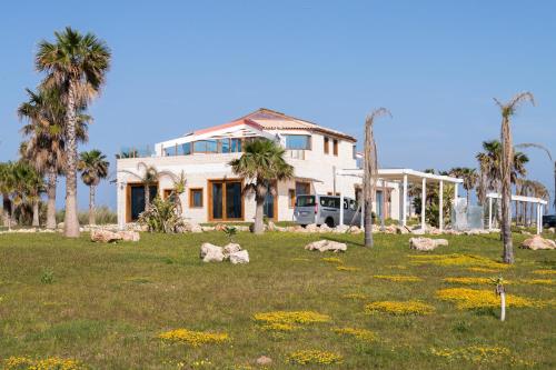 a house with palm trees and animals in the yard at Lalena's Garden in Portopalo