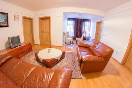 a living room with a leather couch and a table at Villa Ami in Novi Sad