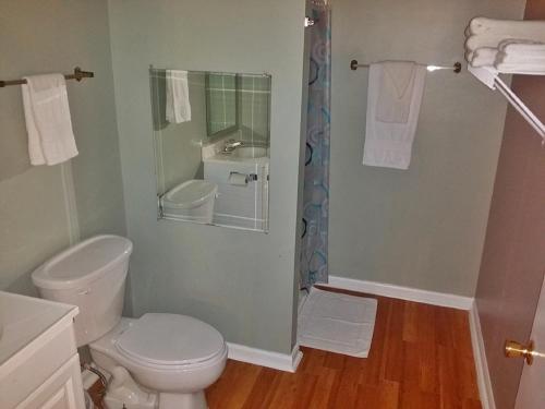 a bathroom with a toilet and a sink and a shower at Carolina Landing Camping Resort Two-Bedroom Cabin 1 in Fair Play