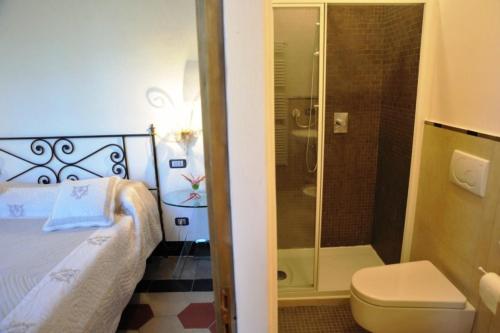 ein Bad mit einem Bett, einer Dusche und einem WC in der Unterkunft Villa Eugenia in Cairo Montenotte