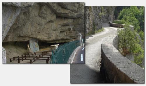two pictures of a road with benches and a mountain at La Galisesagnoise in Briançonnet