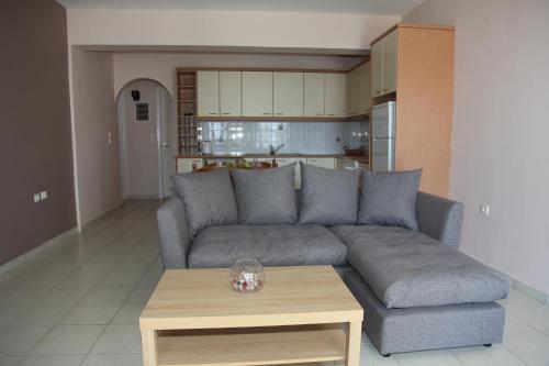 a living room with a gray couch and a coffee table at Villa Elena in Lixouri