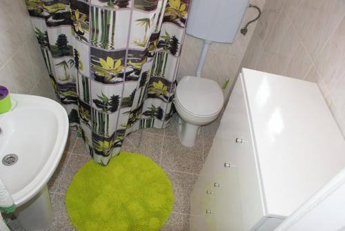 a bathroom with a white toilet and a green rug at Cantinho do mar in Urzelina