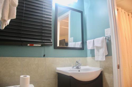 a bathroom with a sink and a mirror at American Plaza Motel in London