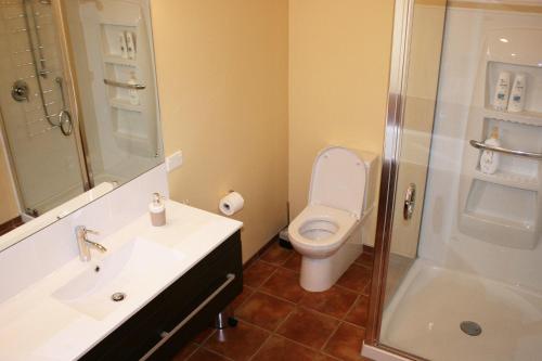 a bathroom with a toilet and a sink and a shower at Strathaven Bed and Breakfast in Waipu