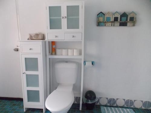 a bathroom with a toilet and a white cabinet at Paradise Apartment in Gosford