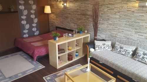 a living room with a bed and a couch at Csaba Apartment in Budapest