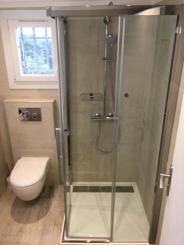 une cabine de douche dans une salle de bain avec toilettes dans l'établissement Maison d'hôtes Antoinette, à Cogolin