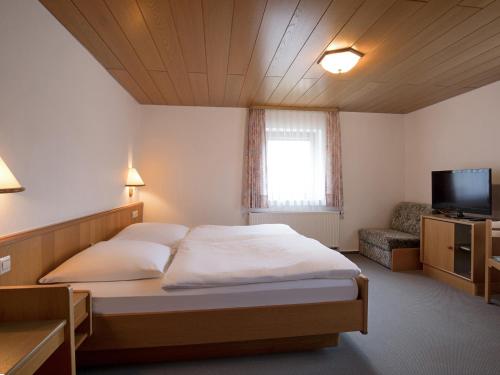 1 dormitorio con 1 cama grande y TV en Landgasthof Adler, en Utzmemmingen