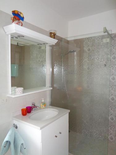 a bathroom with a sink and a shower at B&B Casa Perini in Villa Vicentina