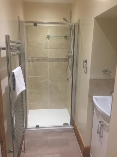 a bathroom with a shower and a sink at Shore to Shore in Llandudno