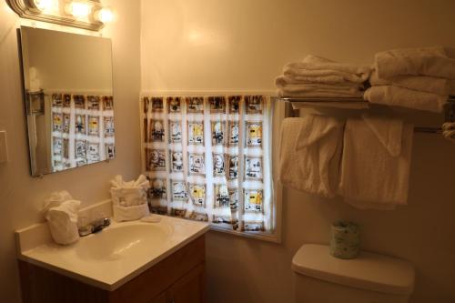 a bathroom with a sink and a mirror and a toilet at Red Caboose Motel & Restaurant in Ronks