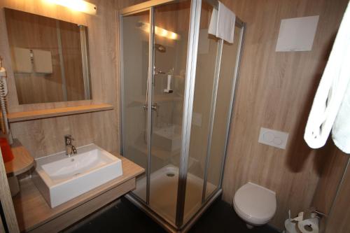 a bathroom with a shower and a sink and a toilet at Bernstein-Motel Marchegg in Marchegg