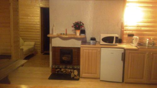 a kitchen with a fireplace with a microwave and a refrigerator at Vecskrīveri in Dundaga