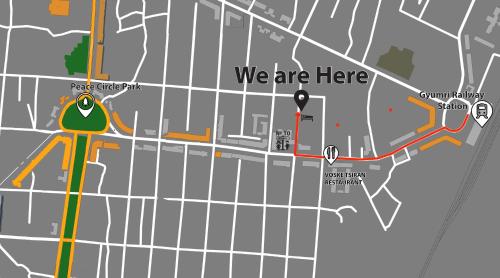 a map with a we are here sign and aedes at Guest House in Gyumri in Gyumri