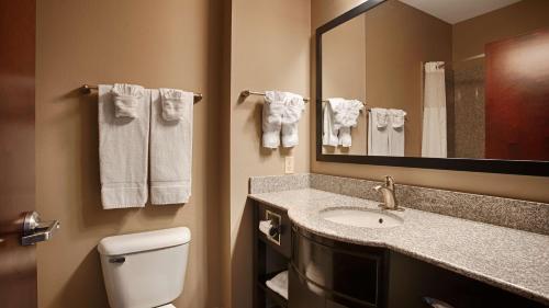 a bathroom with a toilet and a sink and a mirror at Best Western Abbeville Inn and Suites in Abbeville