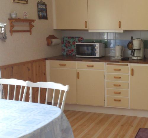Manes Apartment في Undenäs: مطبخ مع ميكروويف وطاولة وكراسي