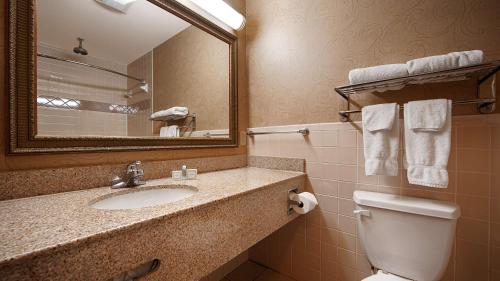 a bathroom with a sink and a mirror and a toilet at Best Western Casa Villa Suites in Harlingen