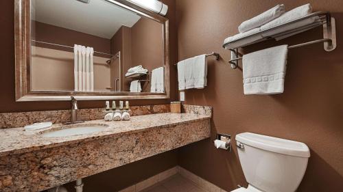a bathroom with a sink and a toilet and a mirror at Best Western Plus Lytle Inn and Suites in Lytle