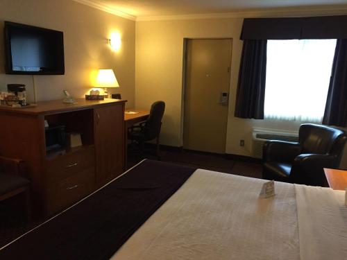 a hotel room with a bed and a desk and a television at Best Western Thunder Bay Crossroads in Thunder Bay