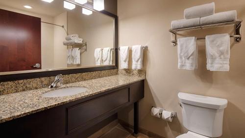 HugotonにあるBest Western Plus Stevens County Innの洗面台、トイレ、鏡のあるバスルーム