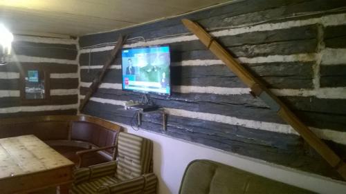 a room with a tv on a wall with stripes at Chata góralska Wojtasówka in Kamesznica