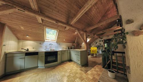 cocina con armarios verdes y techo de madera en Gasthaus Koenigsruhe, en Thale