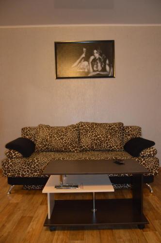 オレンブルクにあるApartment on Chkalova 42のリビングルーム(ヒョウ柄のソファ、テーブル付)