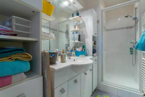 een badkamer met een wastafel en een douche bij T3 55m2 & Garage, proche Saône, et 5 min Vieux Lyon via Metro D in Lyon