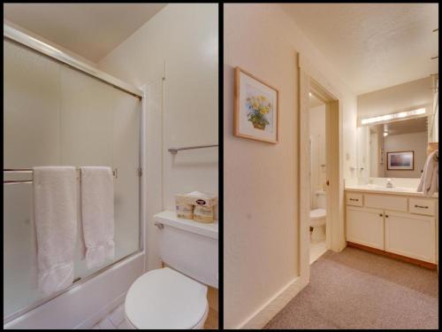 two pictures of a bathroom with a toilet and a sink at Northstar Original Village Studio One in Truckee