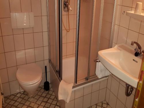 バート・リッポルサウにあるHaus Obertalのバスルーム(シャワー、トイレ、シンク付)