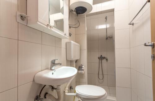 ein Bad mit einem Waschbecken, einem WC und einer Dusche in der Unterkunft Apartmani Spaic in Herceg-Novi