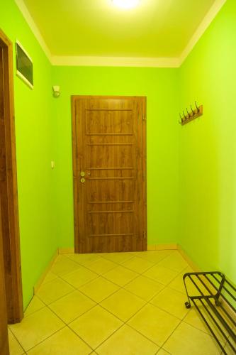 a room with green walls and a wooden door at Stara Mlekarna in Kytlice