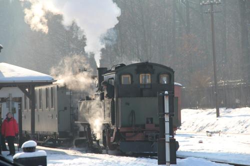 a train traveling down the tracks in the snow at Hotel BB Bahnhof Bertsdorf in Olbersdorf