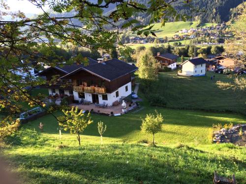 an aerial view of a house on a green field at Chalet Peter in Zell am See