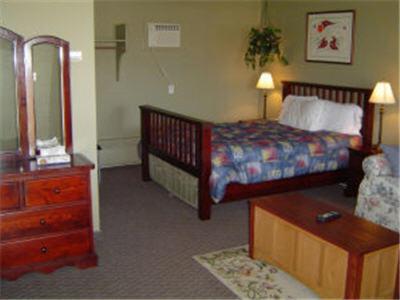 1 dormitorio con cama, tocador y espejo en Carravalla Inn, en Melfort