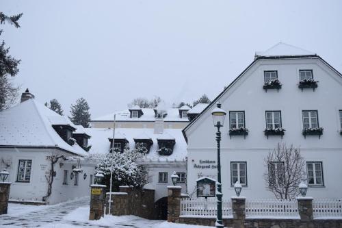 a large white building with snow on it at Hotel Landhaus Fuhrgassl-Huber in Vienna