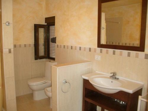 Un baño con lavabo, inodoro y espejo. en Casa Zahora Finca SanJuan Batista, en Guía de Isora