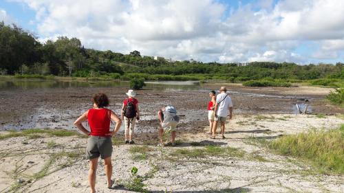 a group of people standing on the shore of a river at Meryem in La Trinité