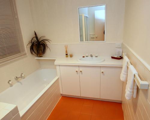 a bathroom with a sink and a tub and a mirror at Serene Vista Halls Gap in Halls Gap