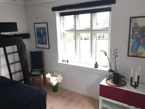 Revninge Guesthouse في Revninge: غرفة نوم مع نافذة وطاولة مع الزهور