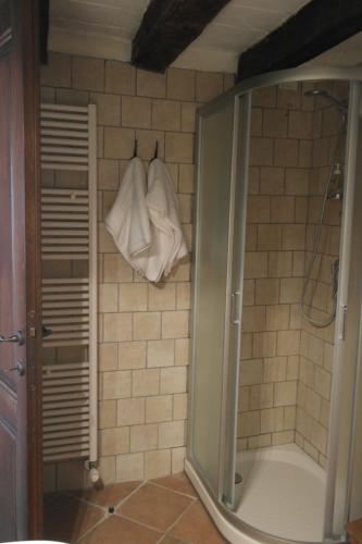a bathroom with a shower and two white towels at Agriturismo Corte dei Landi in Cadè