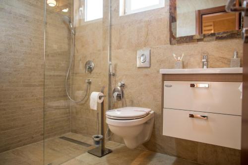 a bathroom with a toilet and a glass shower at Guest House S-Lux in Petrovac na Moru