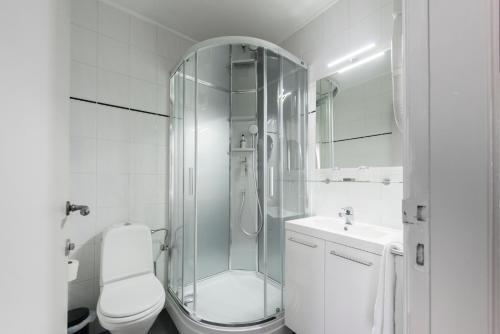 a bathroom with a shower and a toilet and a sink at Charmehotel Klokkenhof in Brasschaat