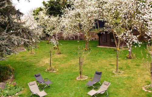 a group of chairs sitting in a yard with trees at Annette's Home in Mazingarbe
