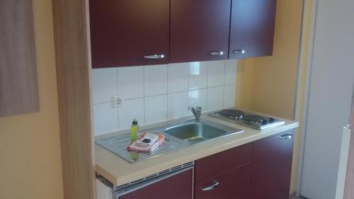 a kitchen with a sink and a counter top at Pension Fürst Borwin in Markgrafenheide